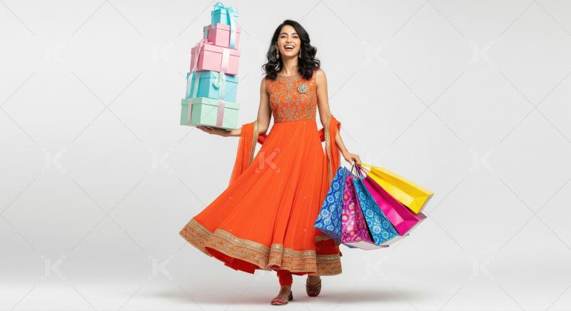 A radiant woman in a traditional orange anarkali dress holds a t