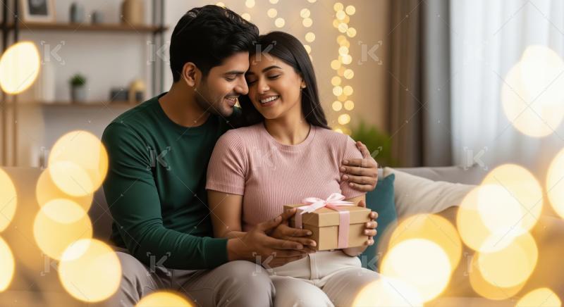 Happy indian man giving gift box to wife on diwali festival