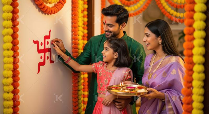 A joyful family celebrates Diwali in a beautifully decorated hom
