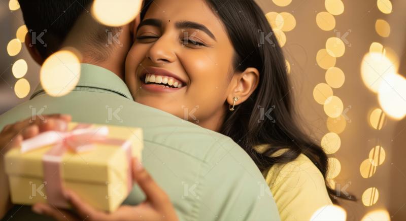 Happy indian man giving gift box to wife on diwali festival