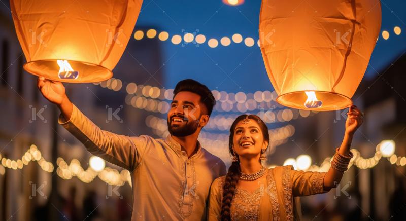 Happy indian couple launching sky lantern in the sky