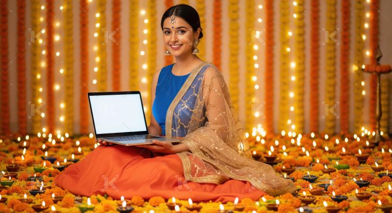 A young indian woman in traditional wear on Diwali decorations,