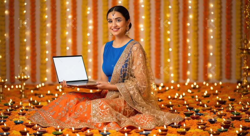 A young indian woman in traditional wear on Diwali decorations,