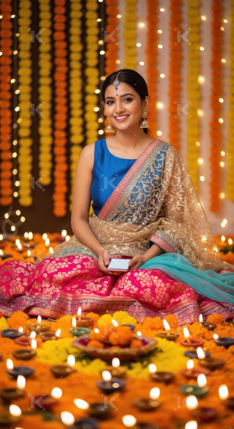 Young indian woman in traditional wear holding smartphone on diw