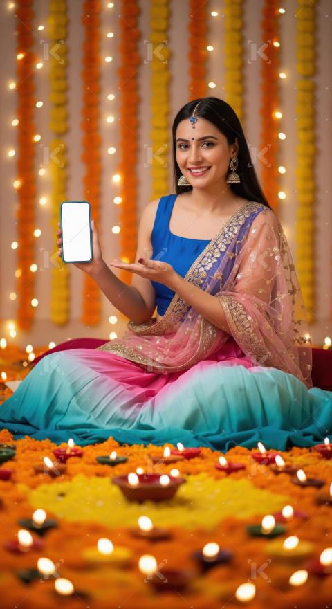 Young indian woman showing smartphone on diwali festival