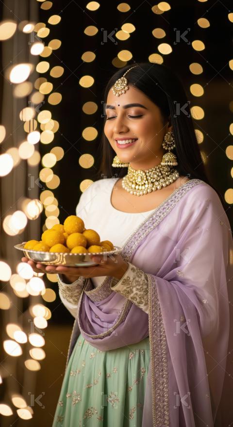 Indian woman in traditional attire holding sweets laddu plate on
