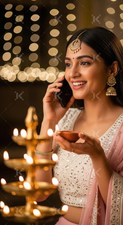 Young indian woman talking on mobile on diwali festival