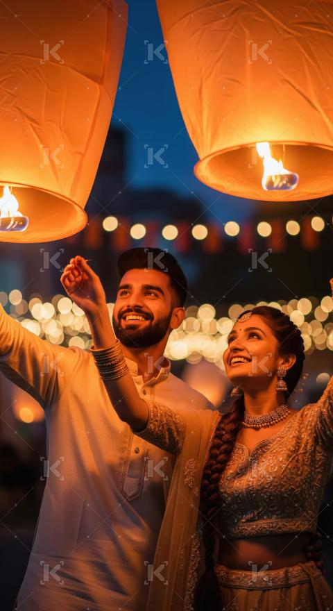 Happy indian couple launching sky lantern in the sky