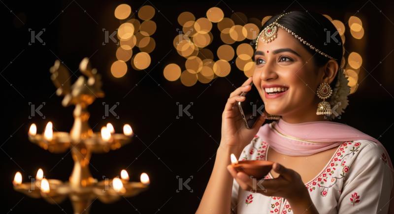 Young indian woman talking on mobile on diwali festival