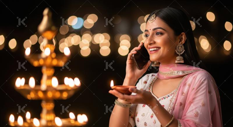 Young indian woman talking on mobile on diwali festival