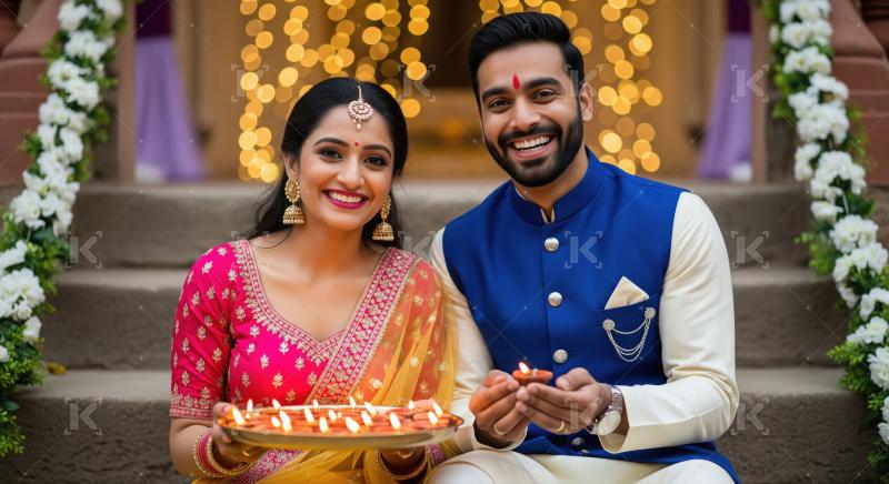 Indian couple holding traditional oil lamp plate on diwali festi