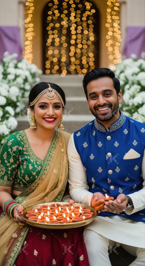 Indian couple holding traditional oil lamp plate on diwali festi
