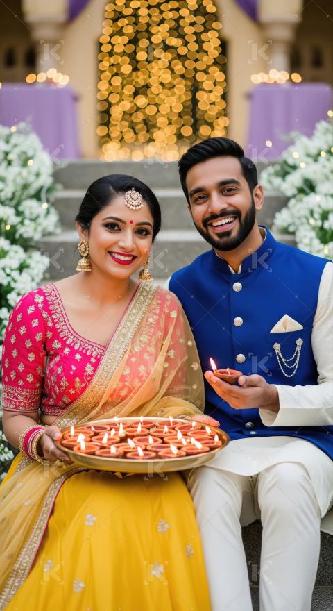 Indian couple holding traditional oil lamp plate on diwali festi