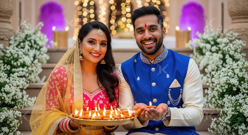 Indian couple holding traditional oil lamp plate on diwali festi