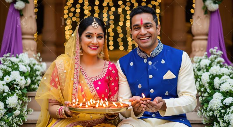 Indian couple holding traditional oil lamp plate on diwali festi
