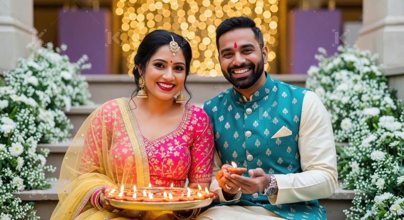 Indian couple holding traditional oil lamp plate on diwali festi