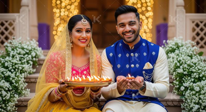 Indian couple holding traditional oil lamp plate on diwali festi
