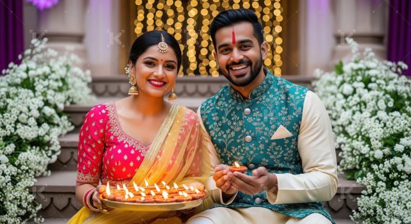 Indian couple holding traditional oil lamp plate on diwali festi