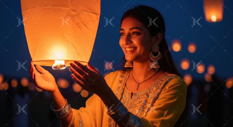 Woman launching sky lantern on diwali festival