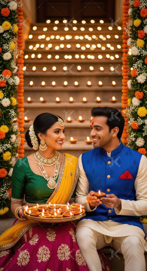 Indian couple holding traditional oil lamp plate on diwali festi