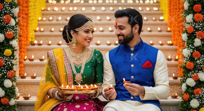 Indian couple holding traditional oil lamp plate on diwali festi
