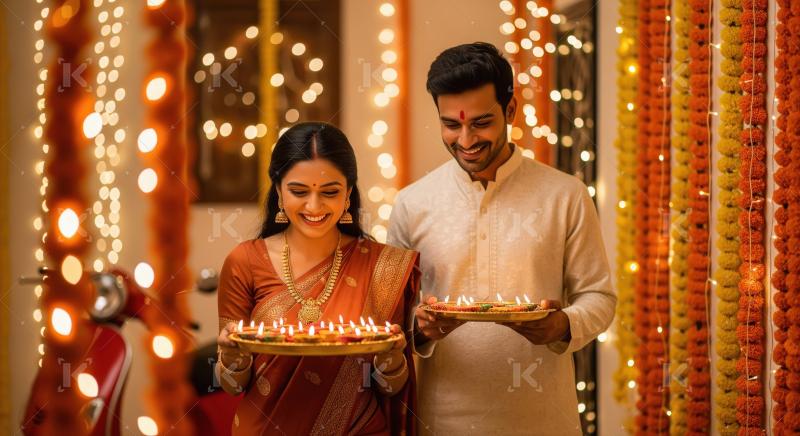 Indian couple holding traditional oil lamp plate on diwali festi