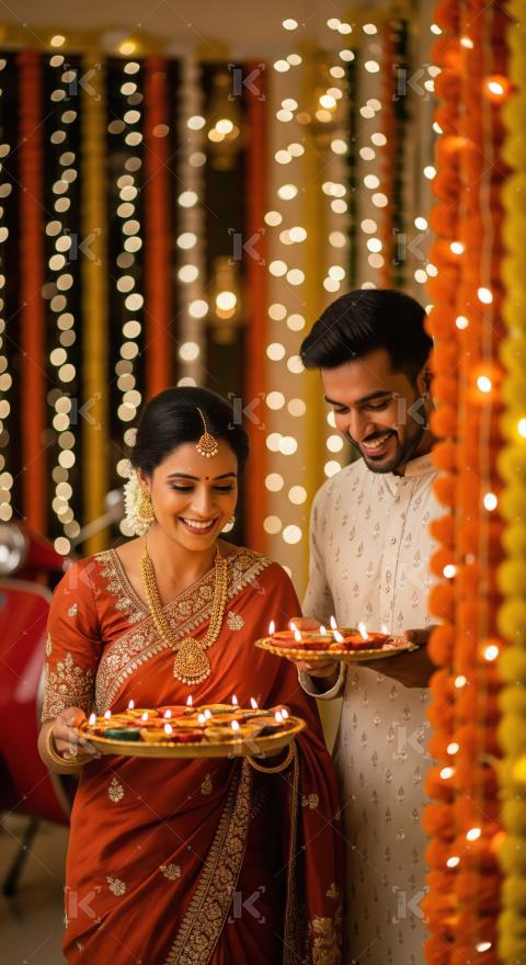 Indian couple holding traditional oil lamp plate on diwali festi