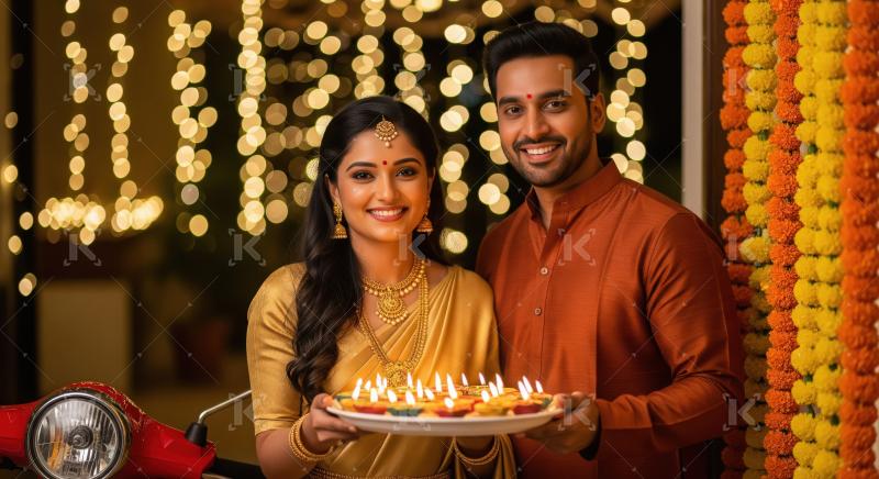 Indian couple holding traditional oil lamp plate on diwali festi