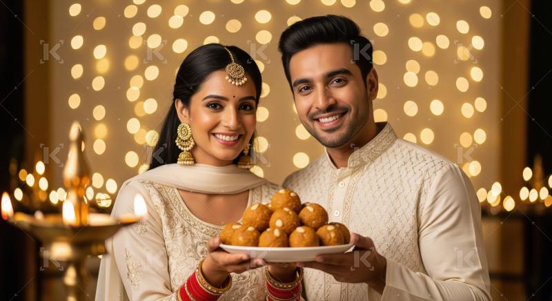 Young indian couple holding laddu plate on diwali festival