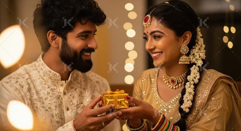 Husband giving gift to wife on diwali festival