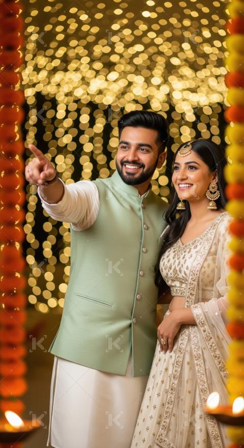 Happy couple in traditional attire on diwali festival