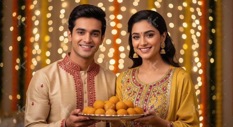 Young indian couple holding laddu plate on diwali festival