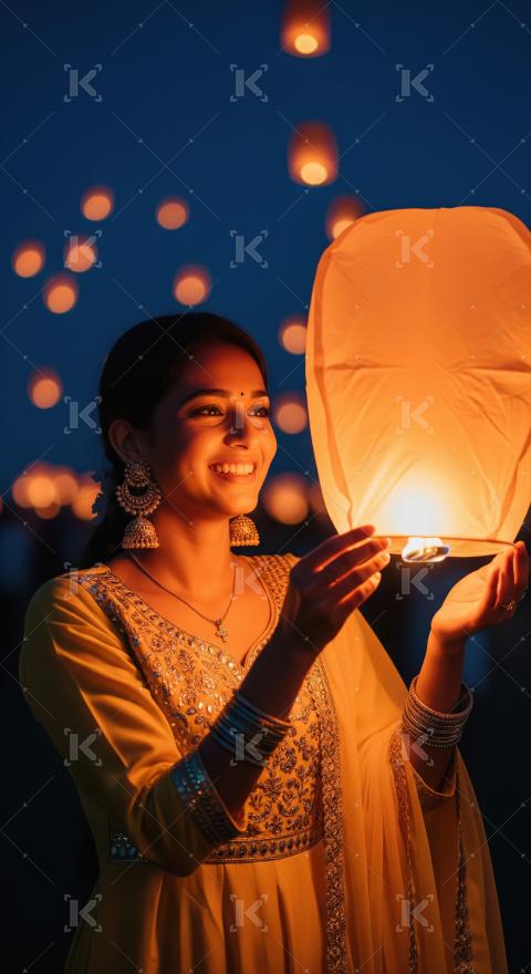 Woman launching sky lantern on diwali festival