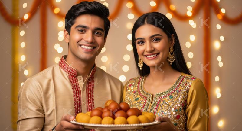 Young indian couple holding laddu plate on diwali festival