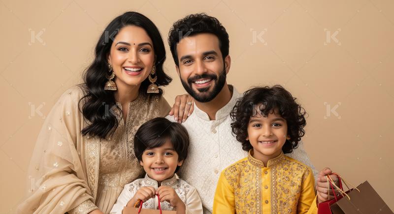 Happy indian family in traditional wear holding shopping bags on