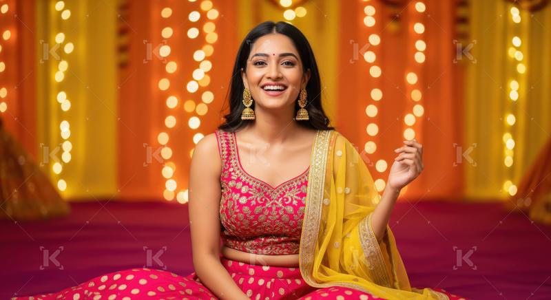 Young woman dressed in a vibrant pink and yellow embroidered leh