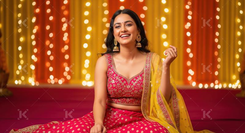 Young woman dressed in a vibrant pink and yellow embroidered leh