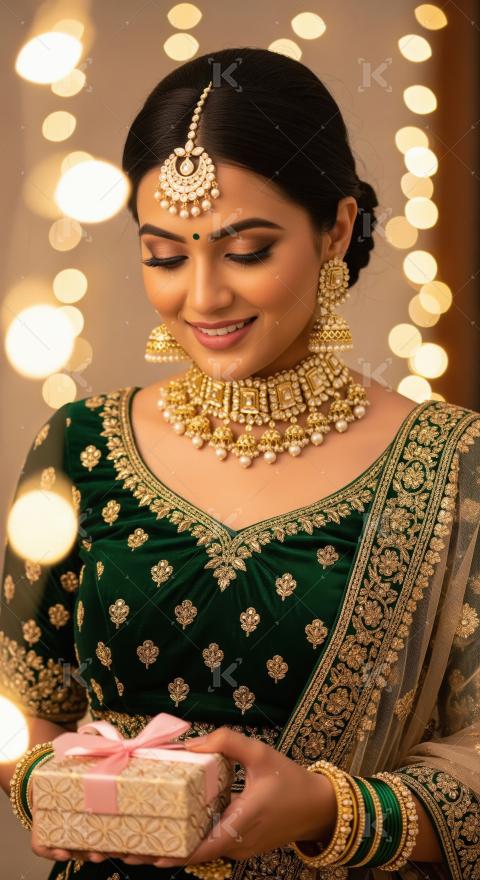 An elegantly dressed woman in a green and gold embroidered saree