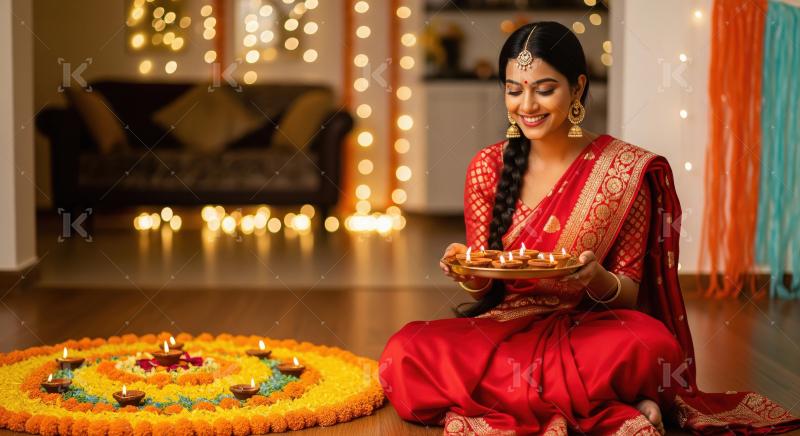 A woman in a red saree, smiling and seated beside a colorful ran