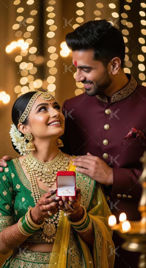 Young indian man giving gift to his wife on diwali festival