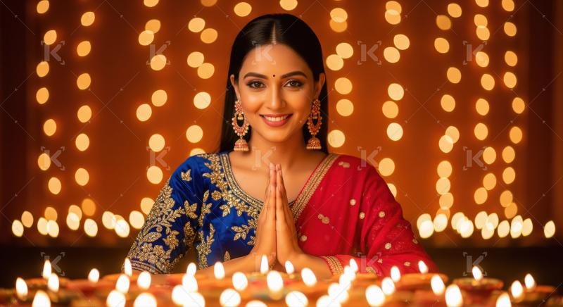 Indian woman doing namaste on diwali festival background