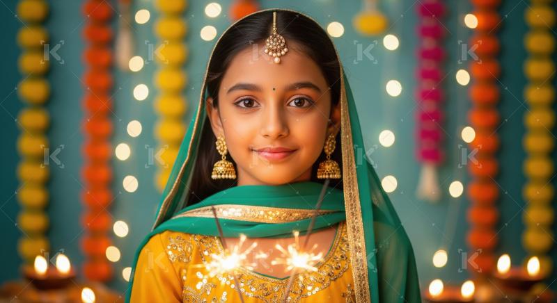 Little girl holding sparkler on diwali festival