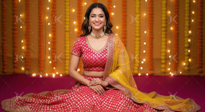 Young woman dressed in a vibrant pink and yellow embroidered leh