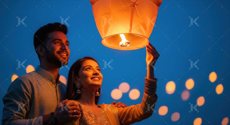 Happy indian couple launching sky lantern in the sky