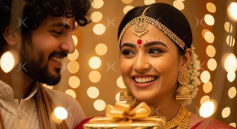 Husband giving gift to wife on diwali festival