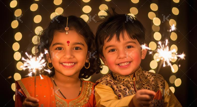 Indian siblings holding sparkler on diwali festival