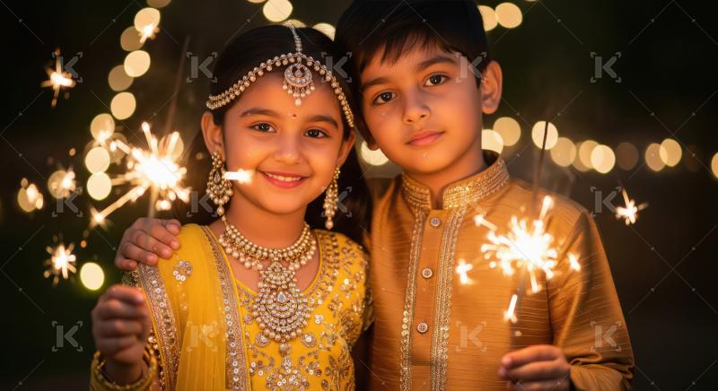Indian siblings holding sparkler on diwali festival
