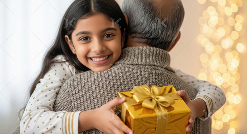A little girl hugs her grandfather from behind, holding a golden