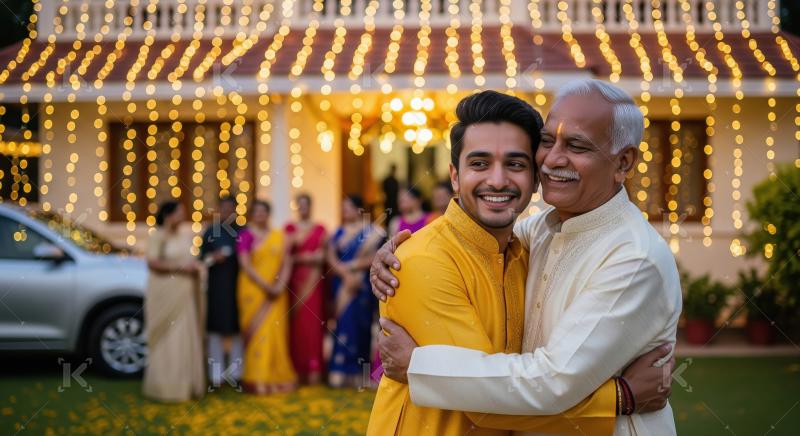 Indian father and son hug to each other on diwali festival
