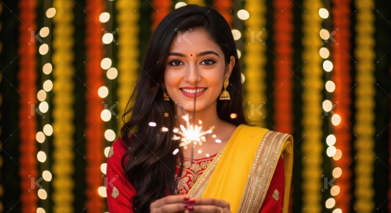 Young indian woman holding sparkler on diwali festival